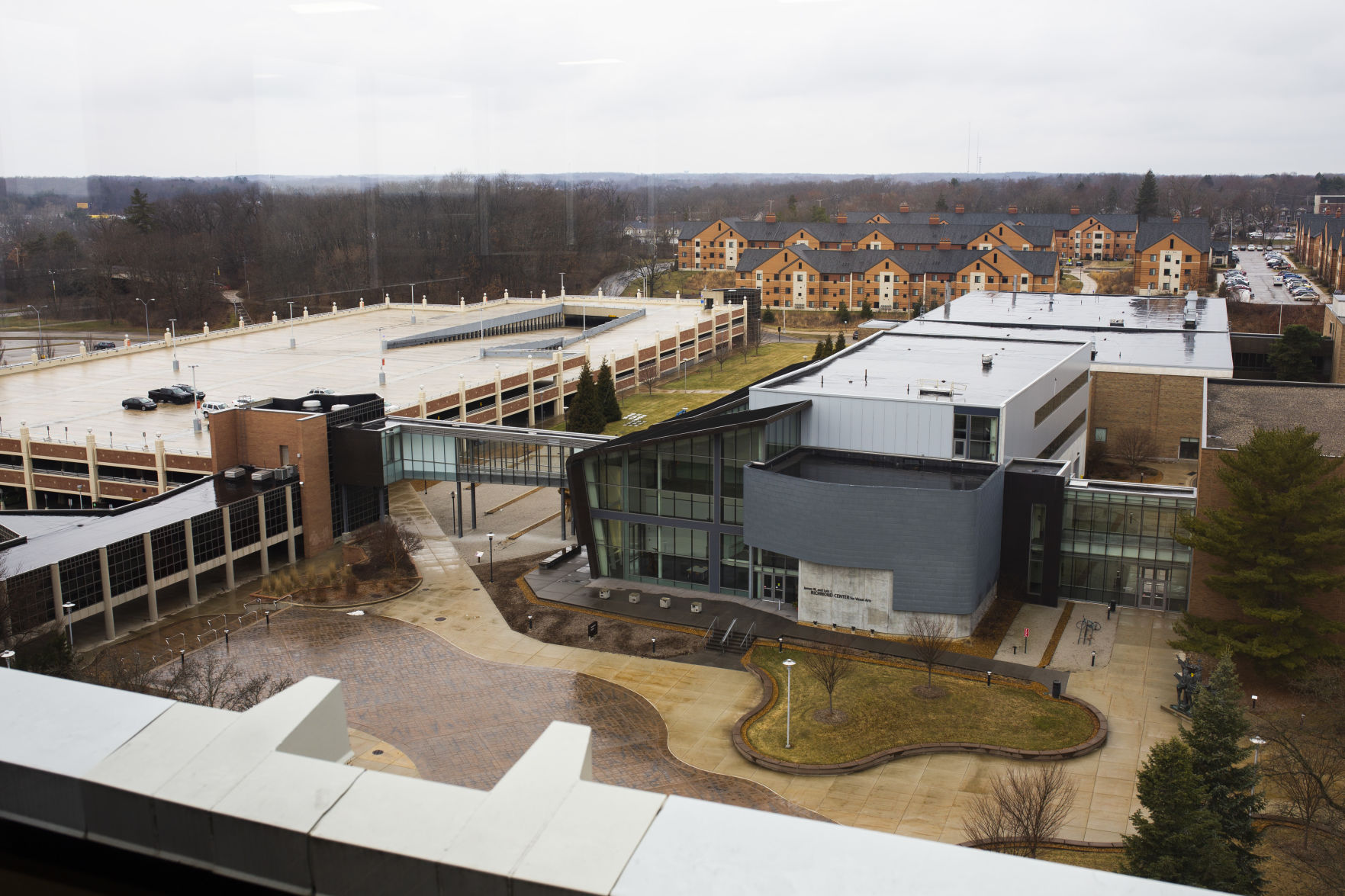 The parking structure next to Miller Auditorium is nearly empty.
